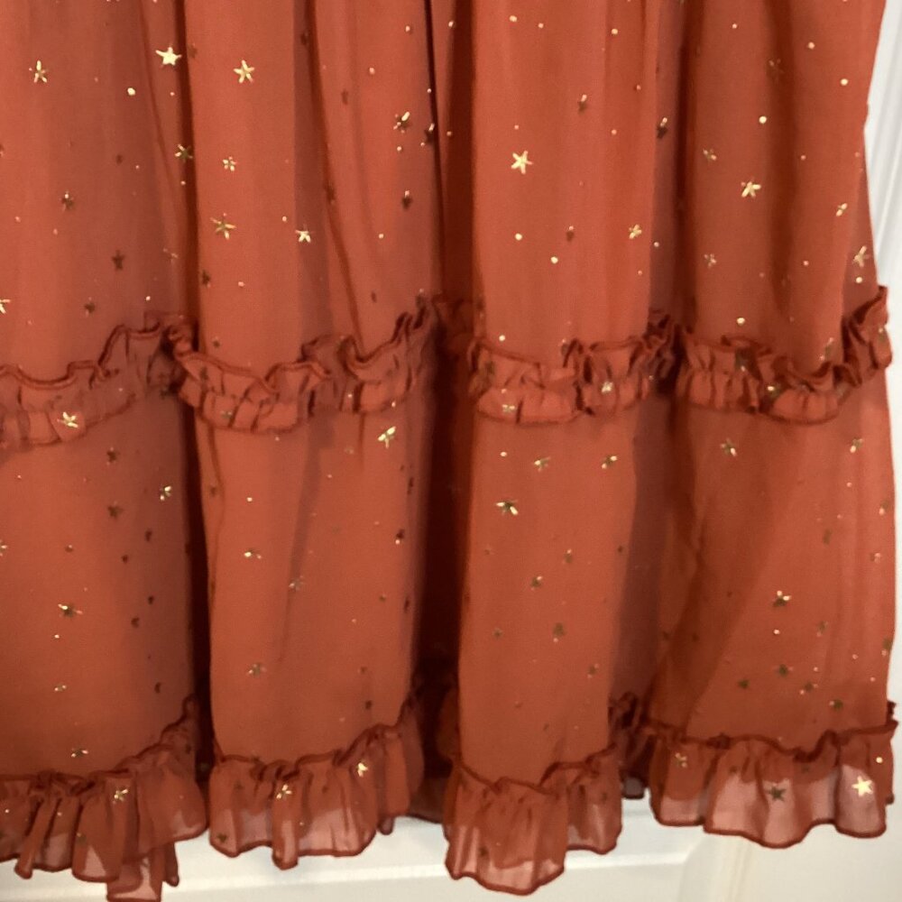 Women's Rusty Glitter Stars Backless Ruffle Sheer Dress Mini V Neck - Picture 6 of 13